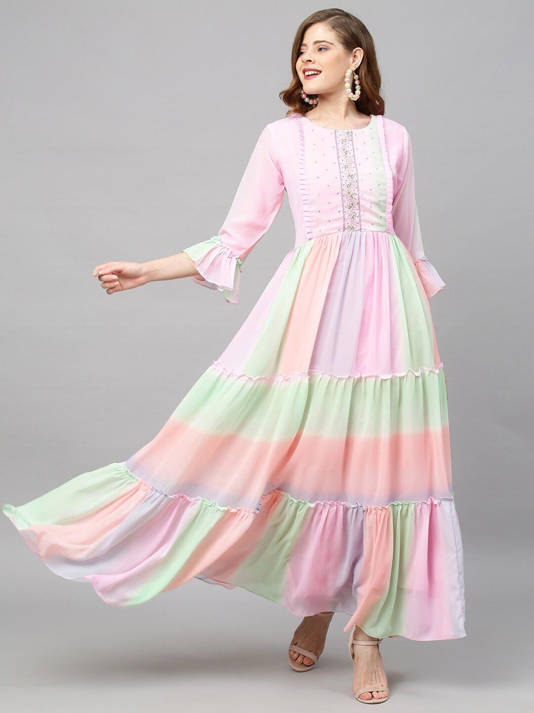 

FASHOR Women Pink & Green Striped Georgette Maxi Dress