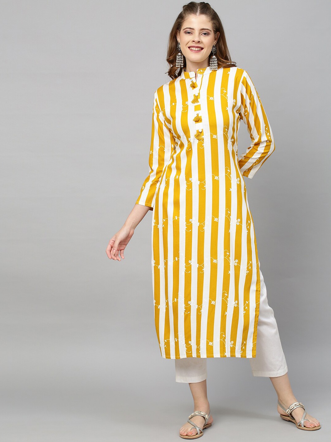 

FASHOR Women Mustard Yellow Striped Thread Work Kurta