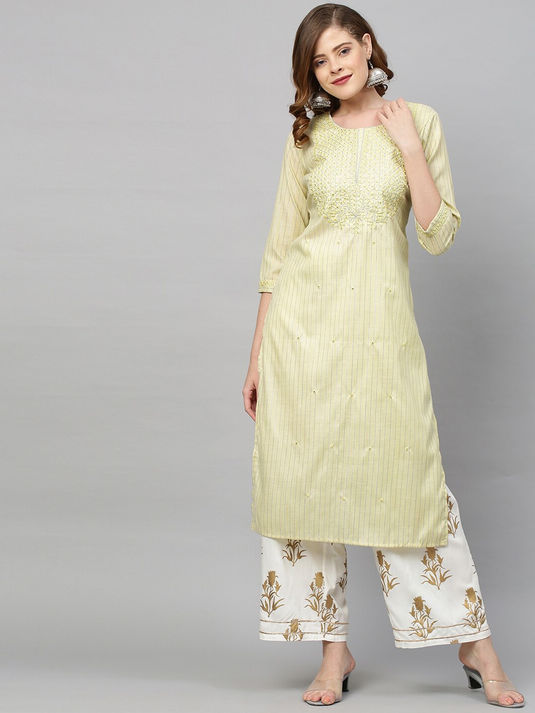 

FASHOR Women Yellow Ethnic Motifs Yoke Design Gotta Patti Kurta