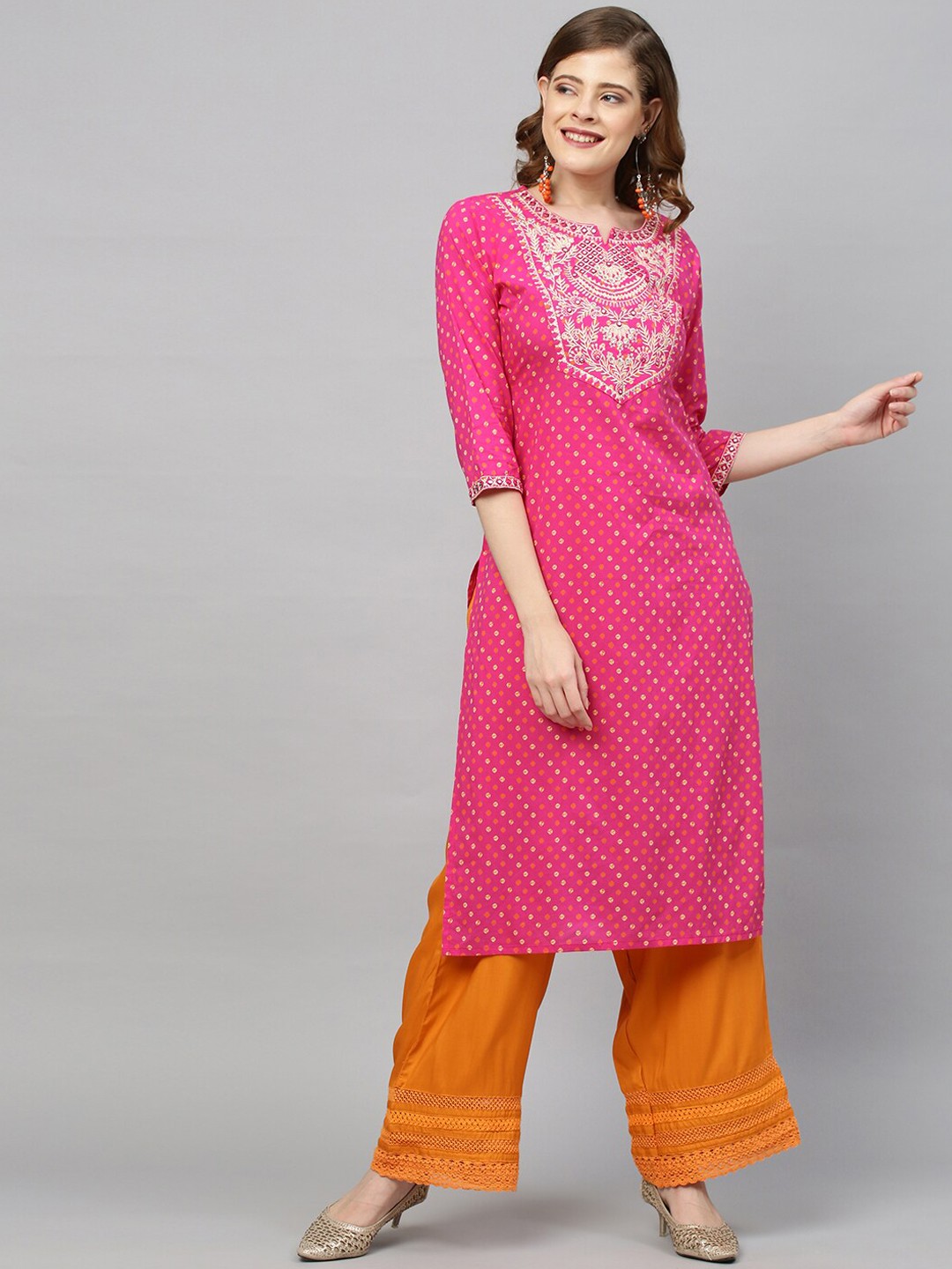 

FASHOR Women Pink Ethnic Motifs Embroidered Thread Work Kurta
