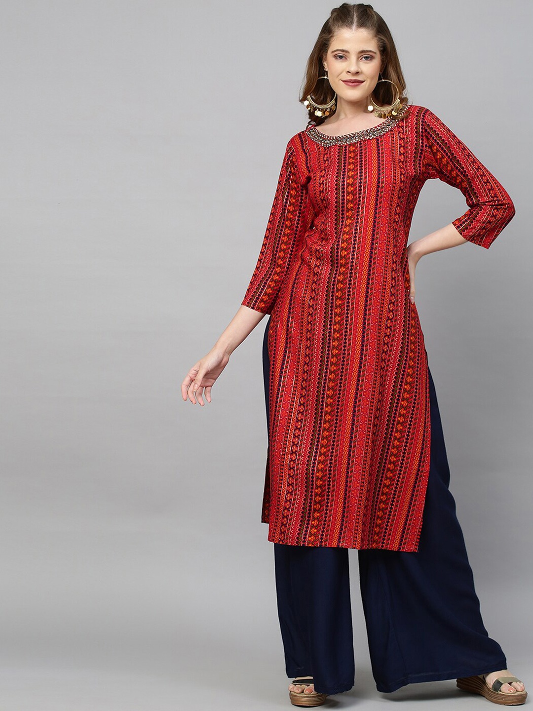 

FASHOR Women Red & Blue Geometric Printed Kurta
