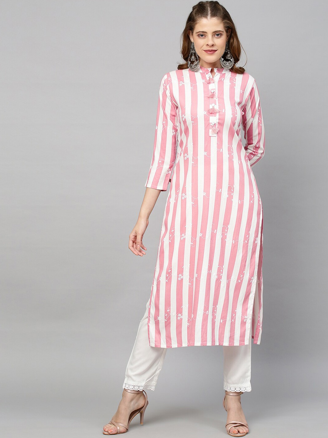 

FASHOR Women Pink & White Striped Kurta