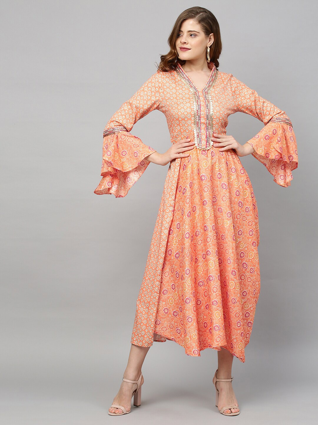 

FASHOR Women Orange Ethnic Motifs Viscose Rayon Maxi Dress