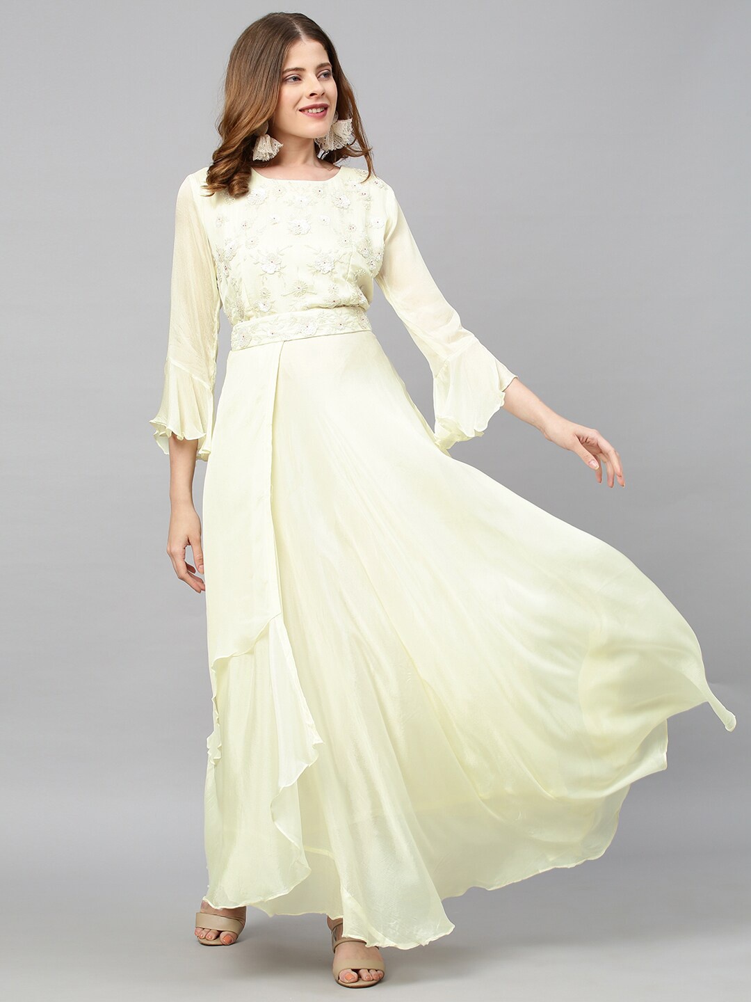 

FASHOR Women Off White Embroidered Chiffon Ethnic Maxi Dress with Belt