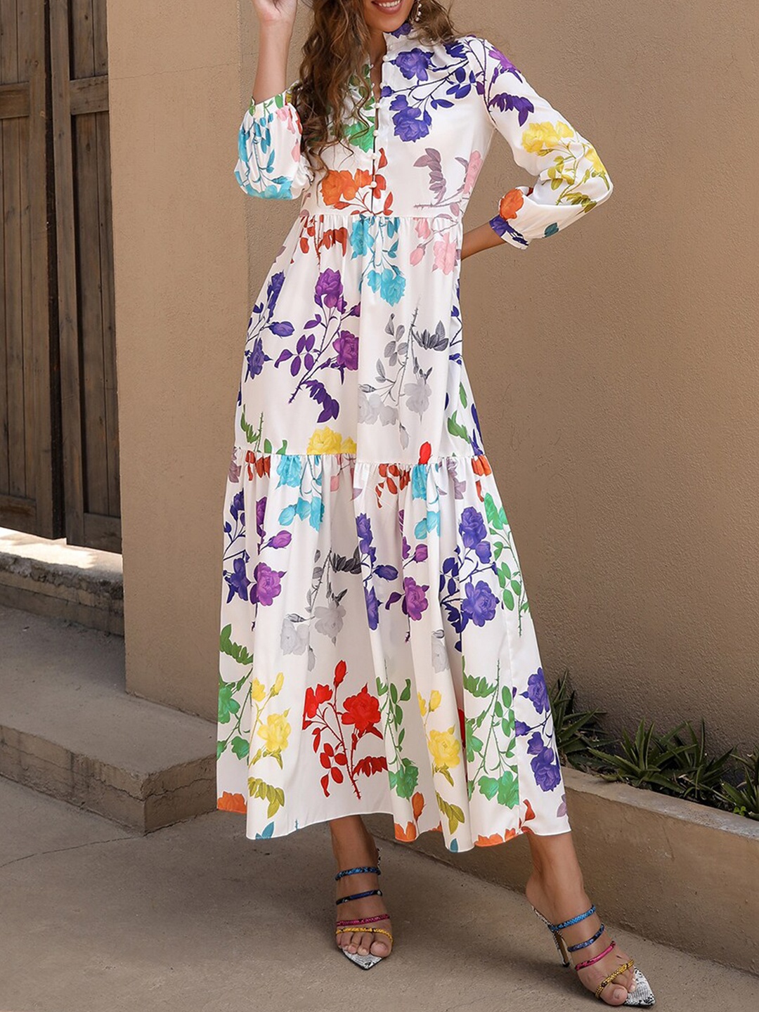 

URBANIC White Floral A-Line Maxi Dress