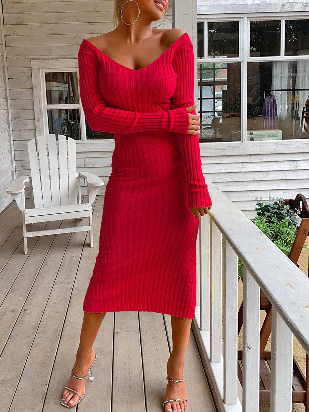 

URBANIC Red Striped Off-Shoulder Midi Jumper Dress