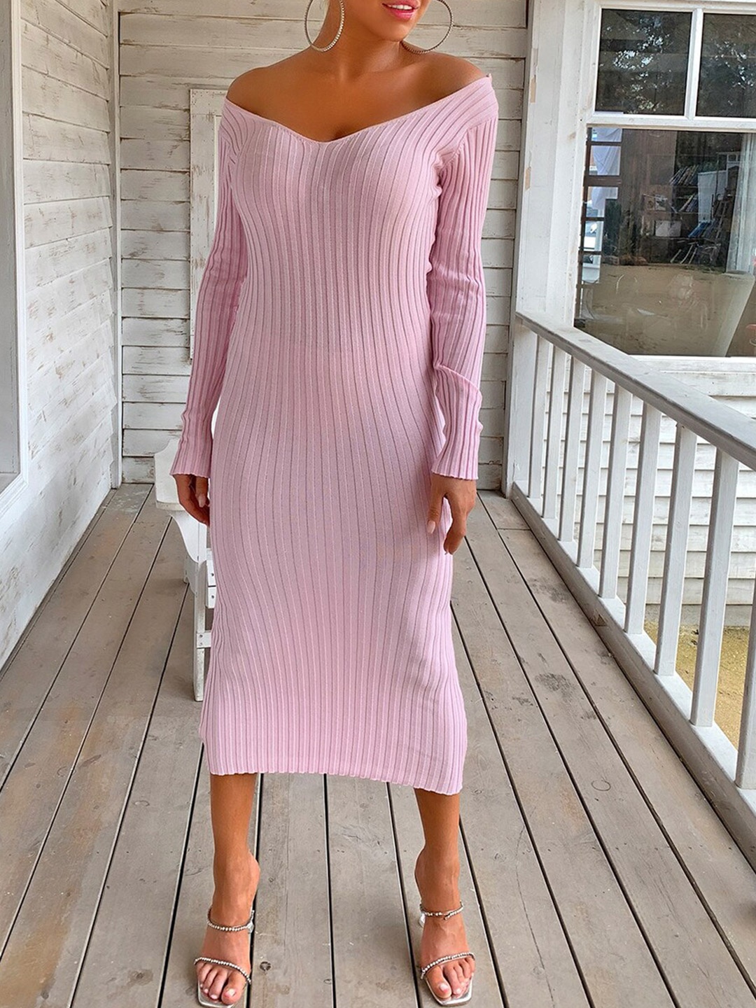 

URBANIC Pink Striped Midi Sweater Dress