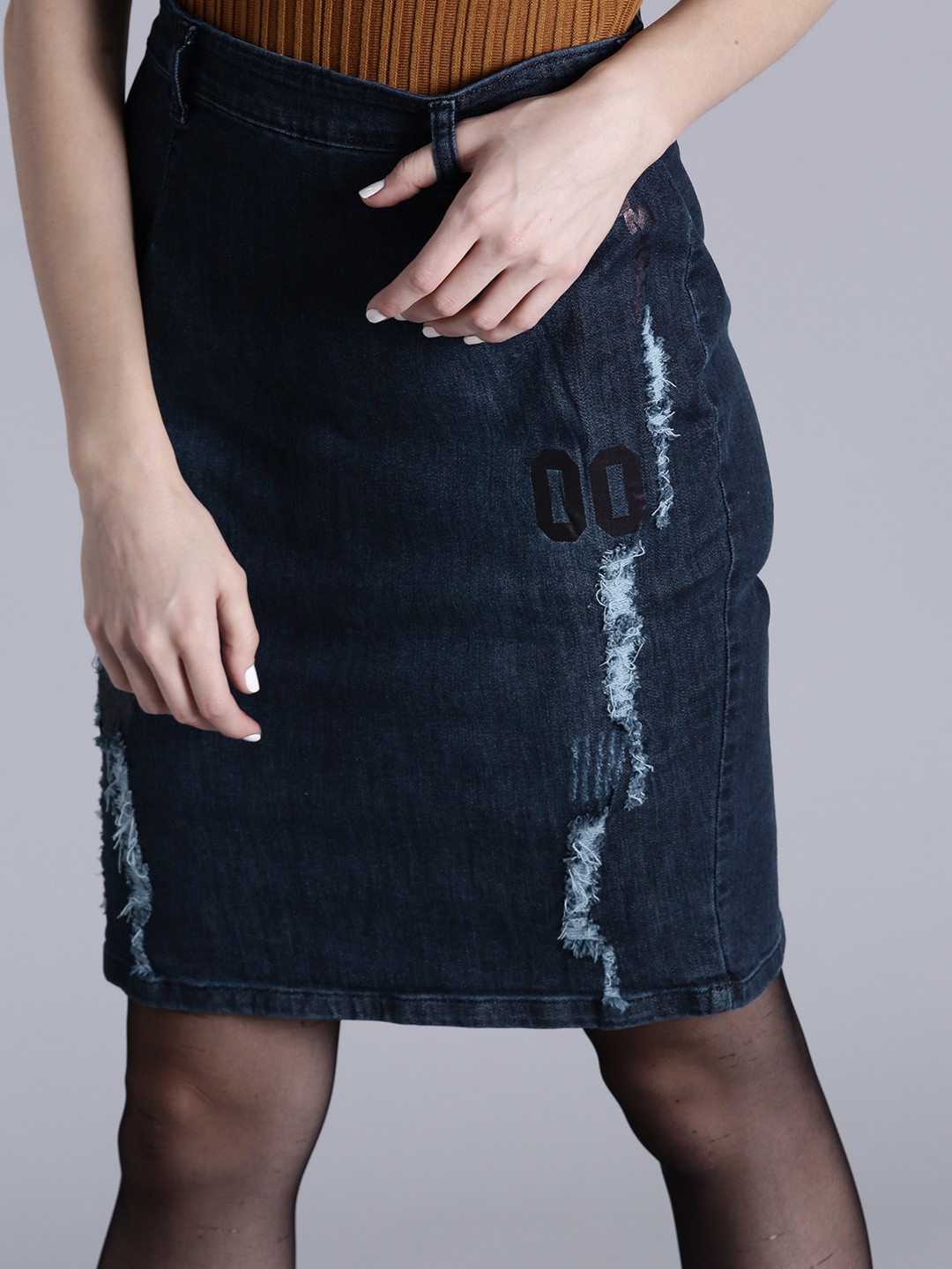 

Kook N Keech Navy Distressed Denim Pencil Skirt, Navy blue
