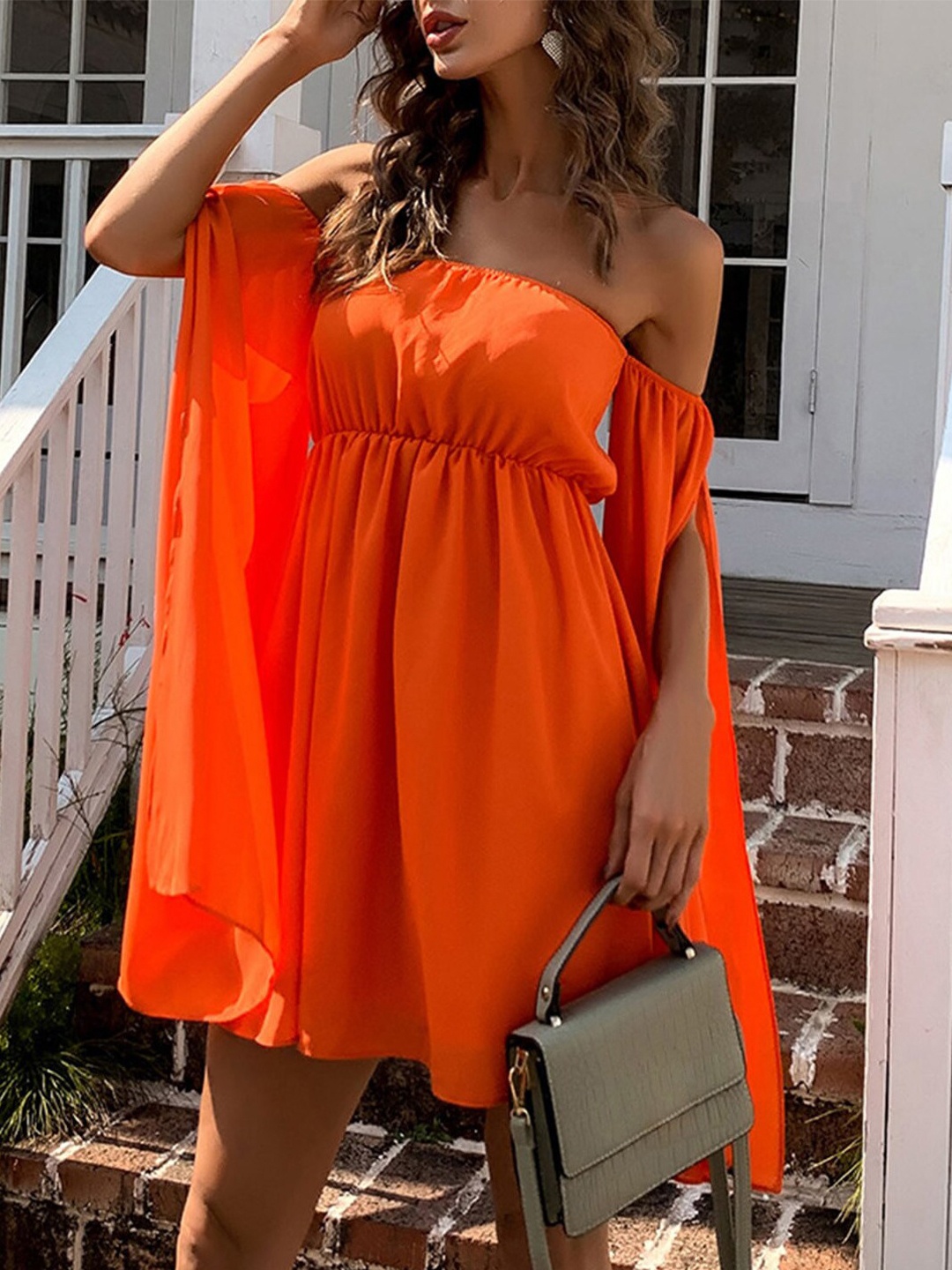 

URBANIC Women Orange Off-Shoulder A-Line Midi Dress
