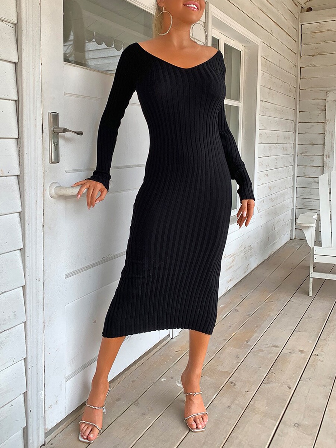 

URBANIC Black Striped Bodycon Midi Dress