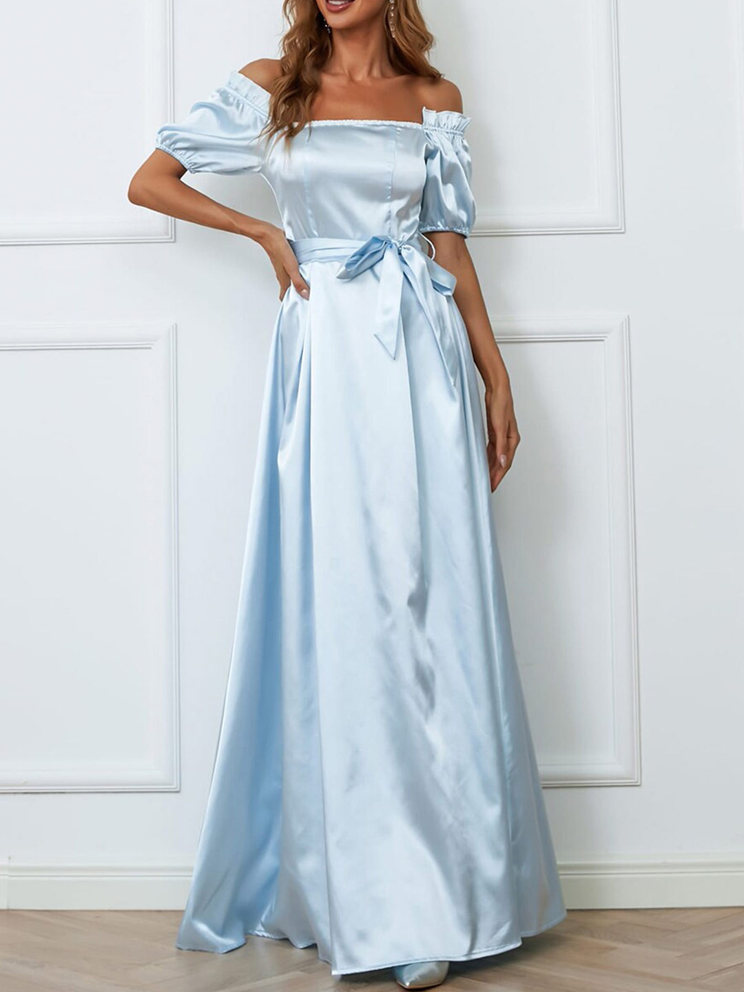 

URBANIC Blue Off-Shoulder Belted Maxi Dress