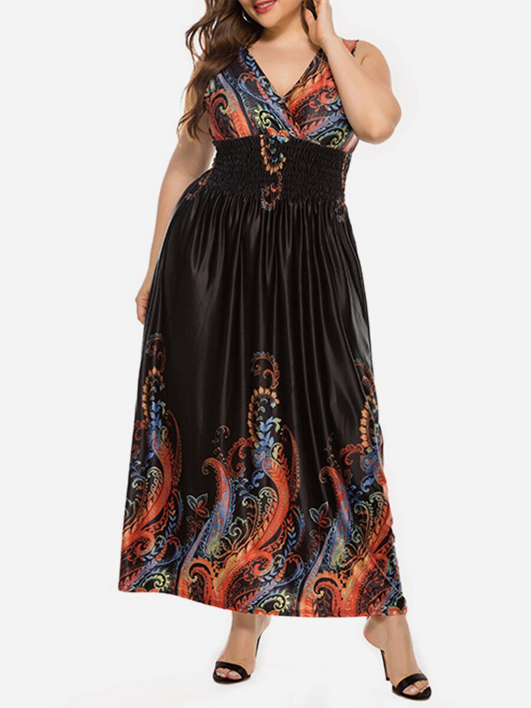 

URBANIC Plus Size Black & Orange Ethnic Motifs Shirred Maxi Dress