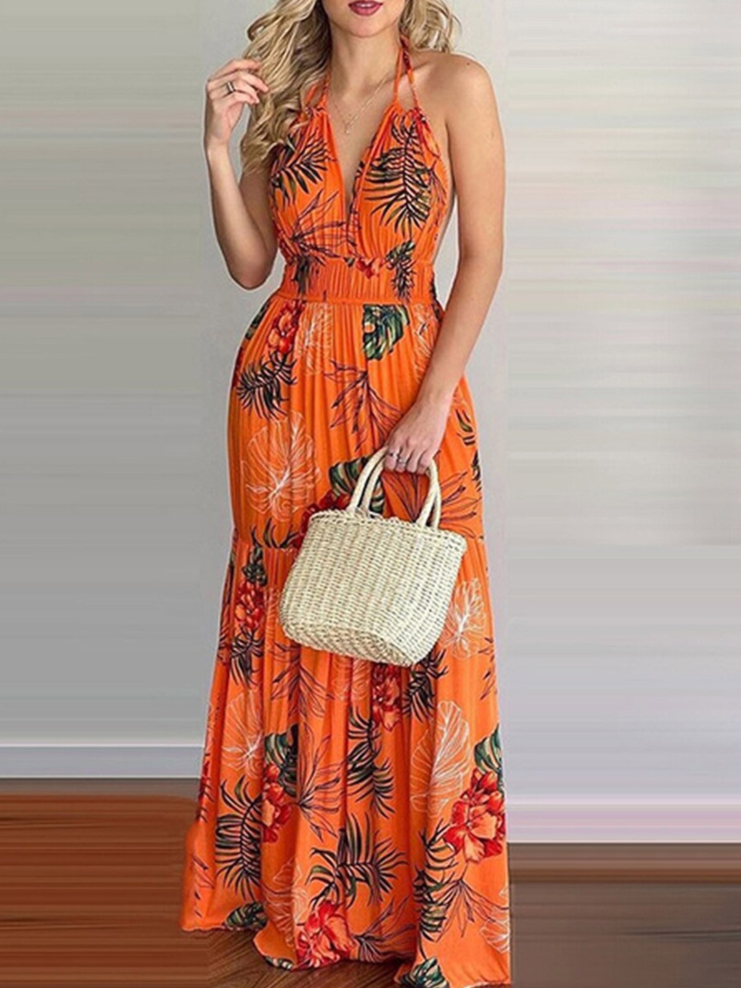 

URBANIC Orange Tropical Print Halter Neck Maxi Dress