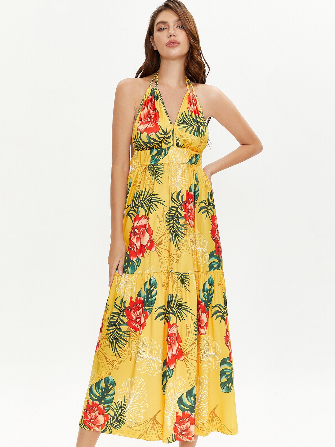 

URBANIC Yellow Floral Halter Neck Back less Maxi Dress