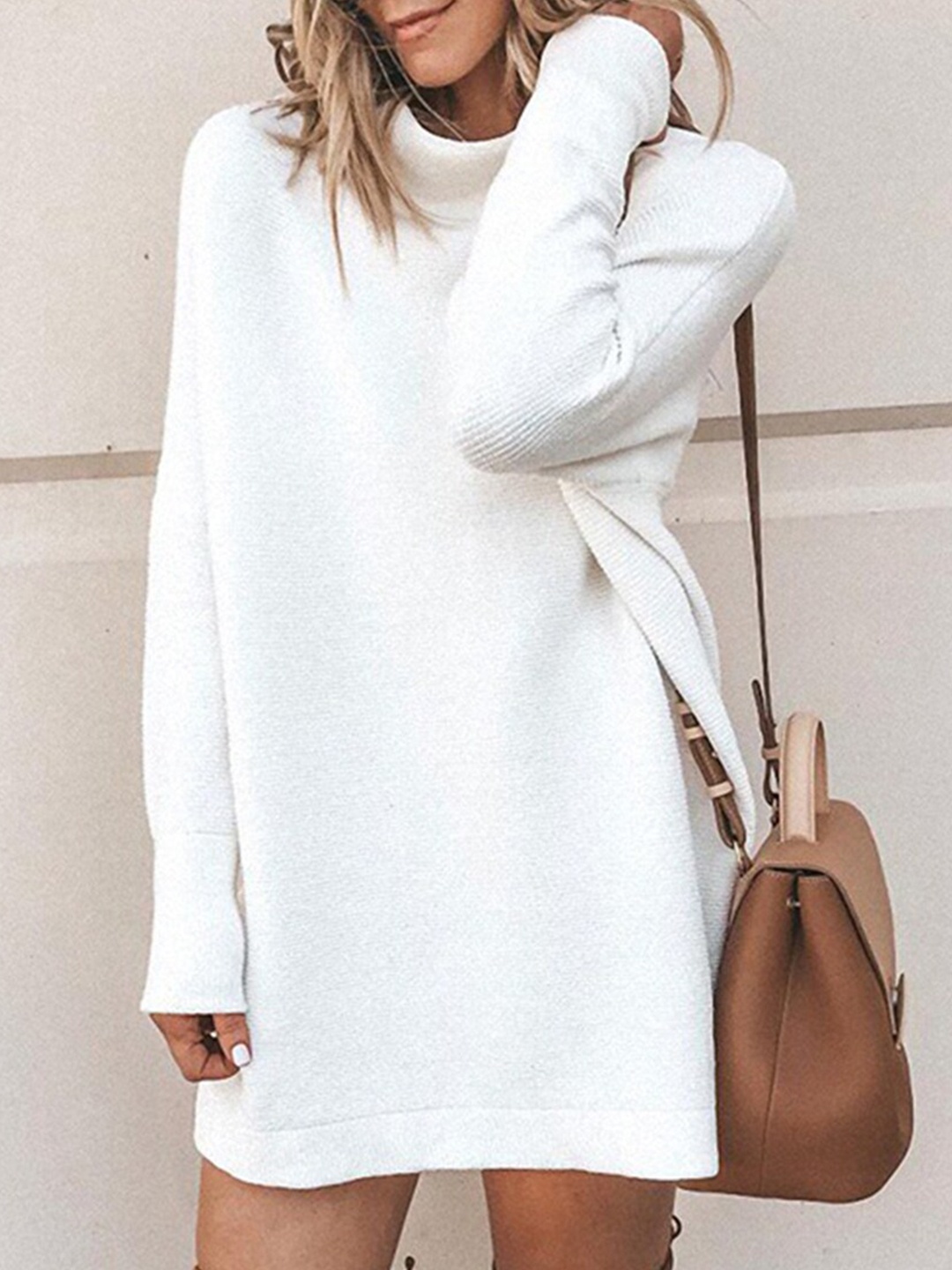 

URBANIC White Solid Sweater Dress