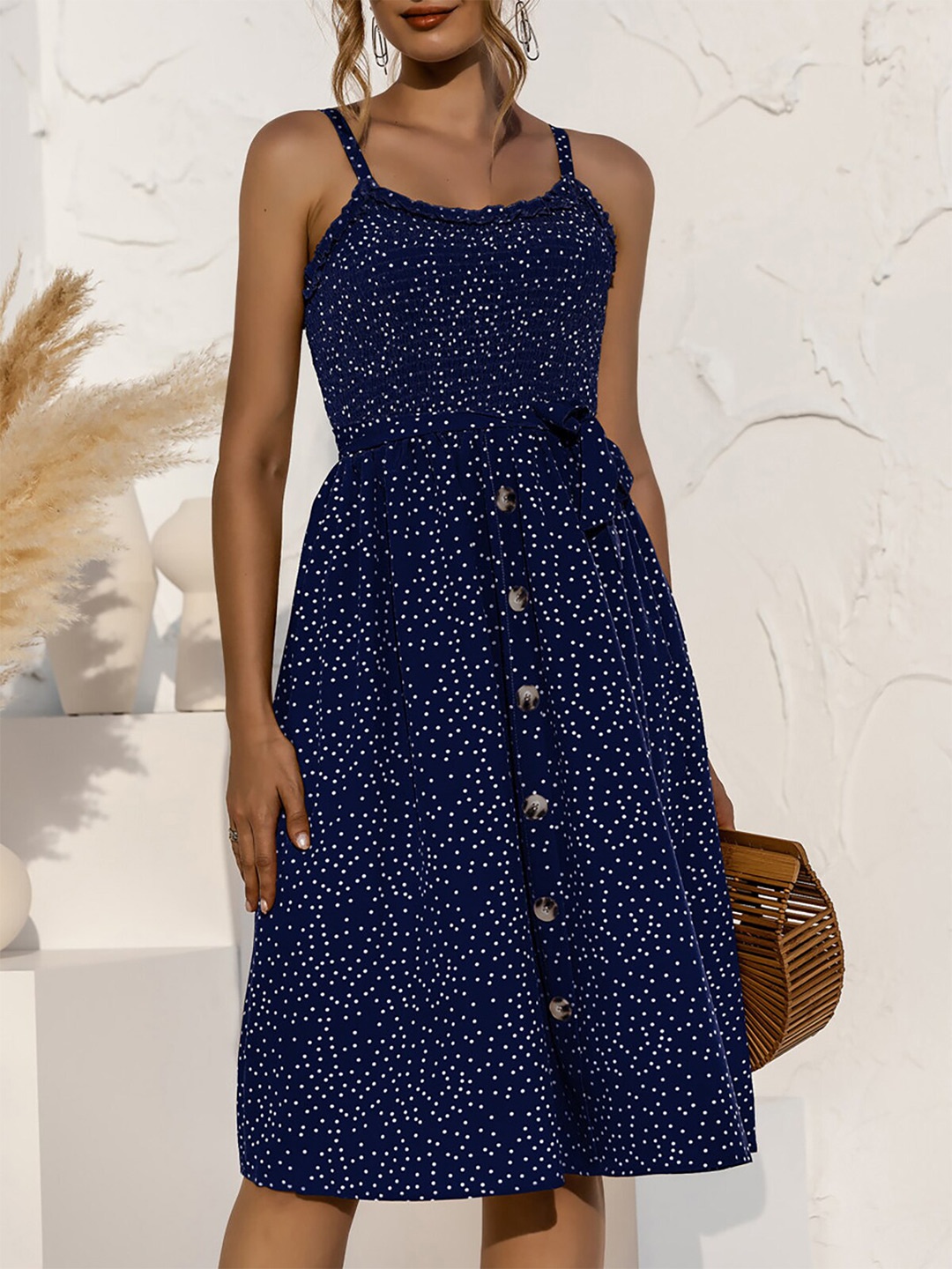 

URBANIC Navy Blue & White Printed Shirred Slip Dress