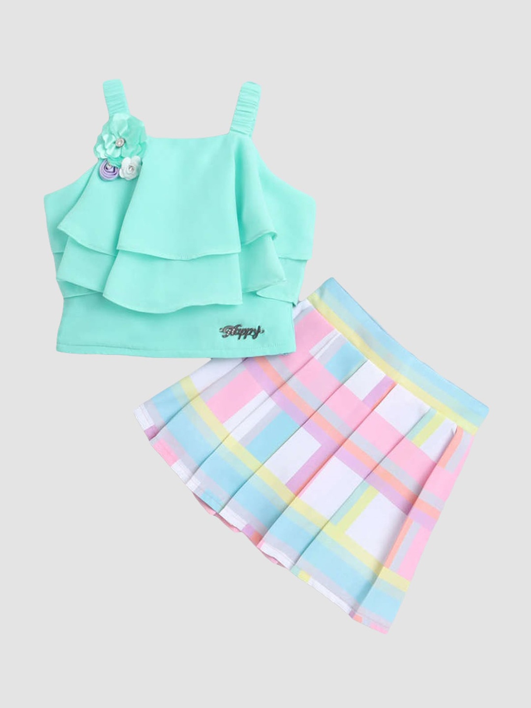 The Magic Wand Girls Blue & Sea Green Printed Top with Skirt