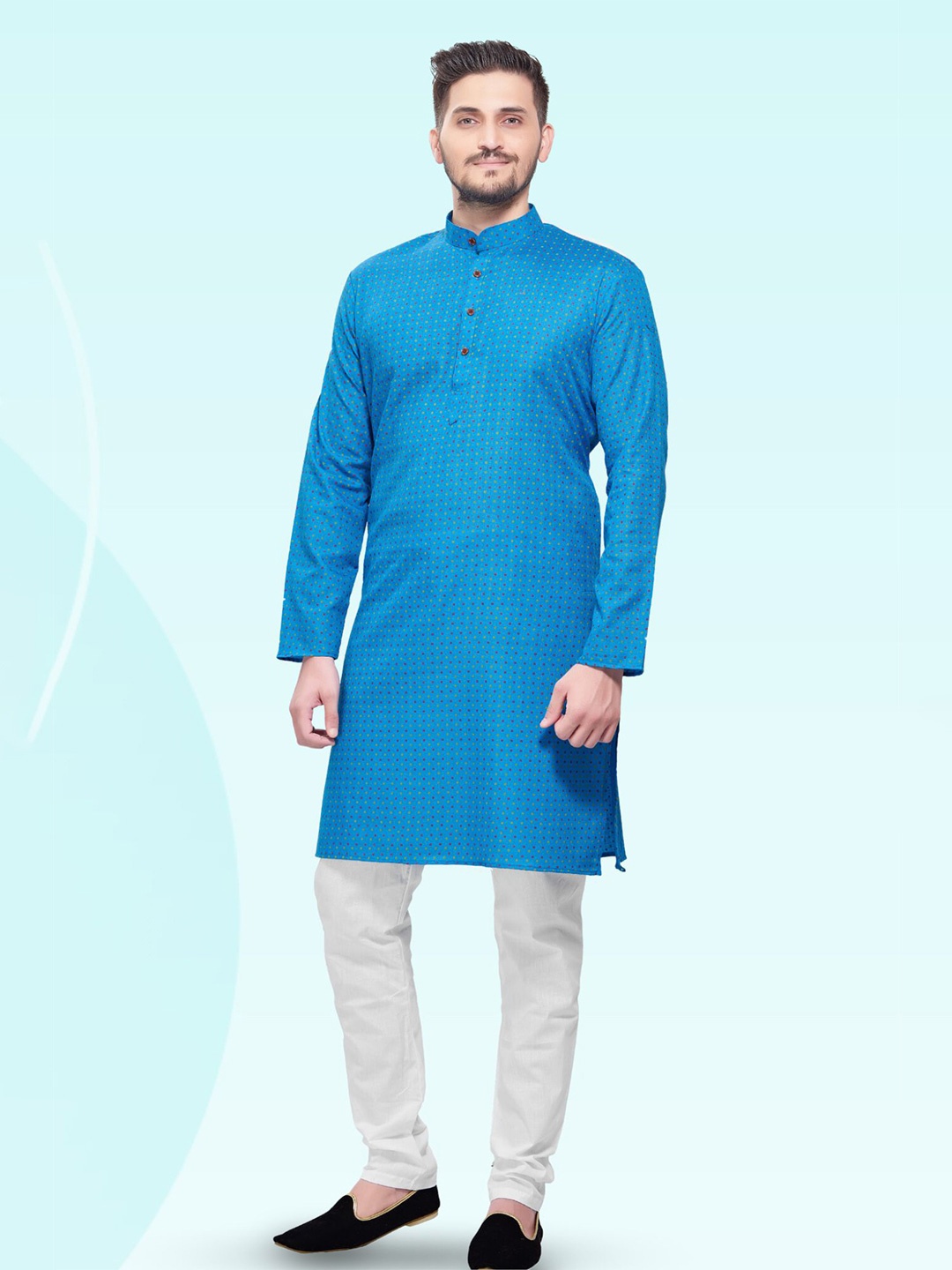 

SHIWAM ETHNIX Men Blue Polka Dot Printed Block Print Kurta