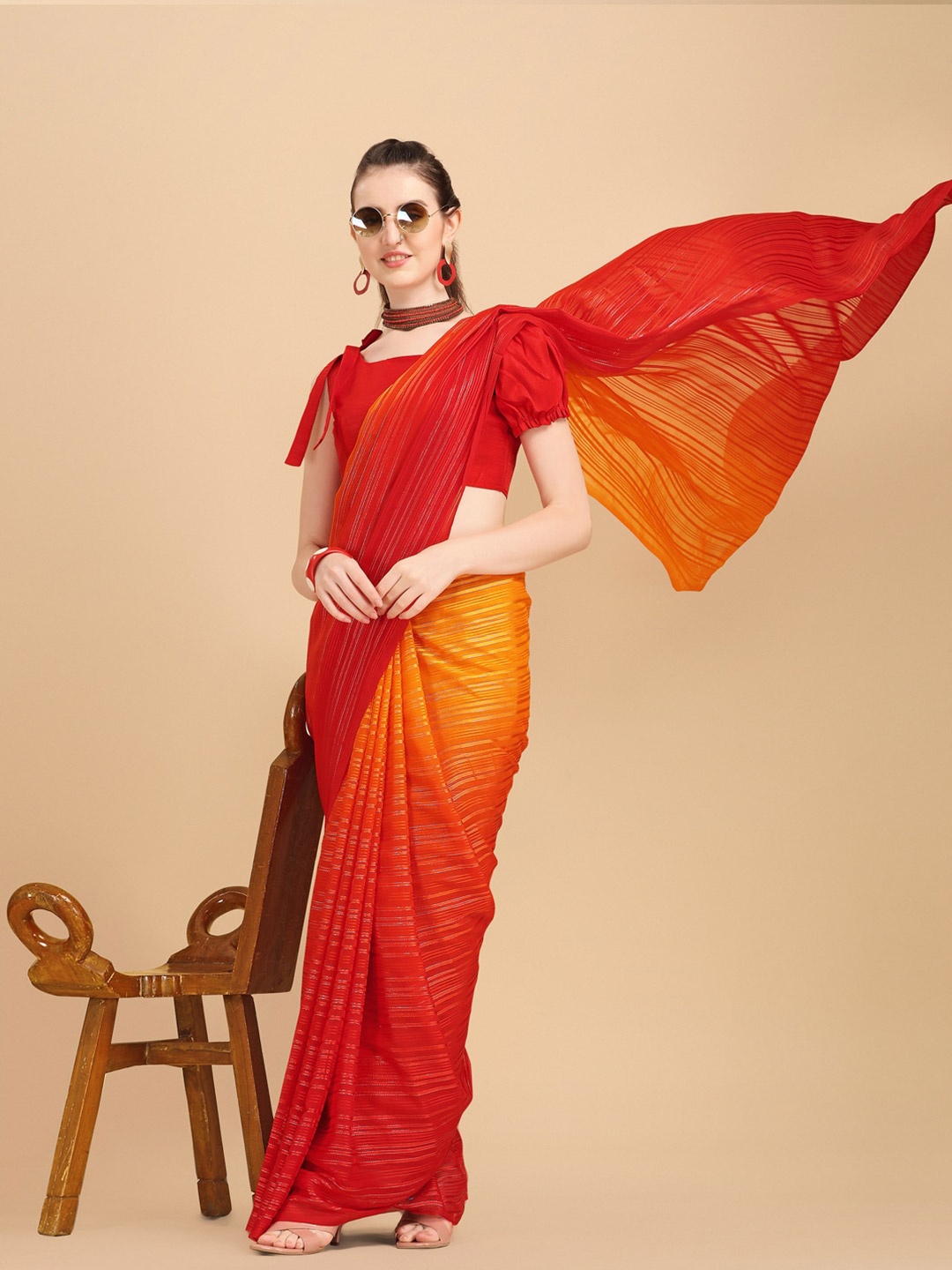

KALINI Red & Orange Striped Georgette Saree