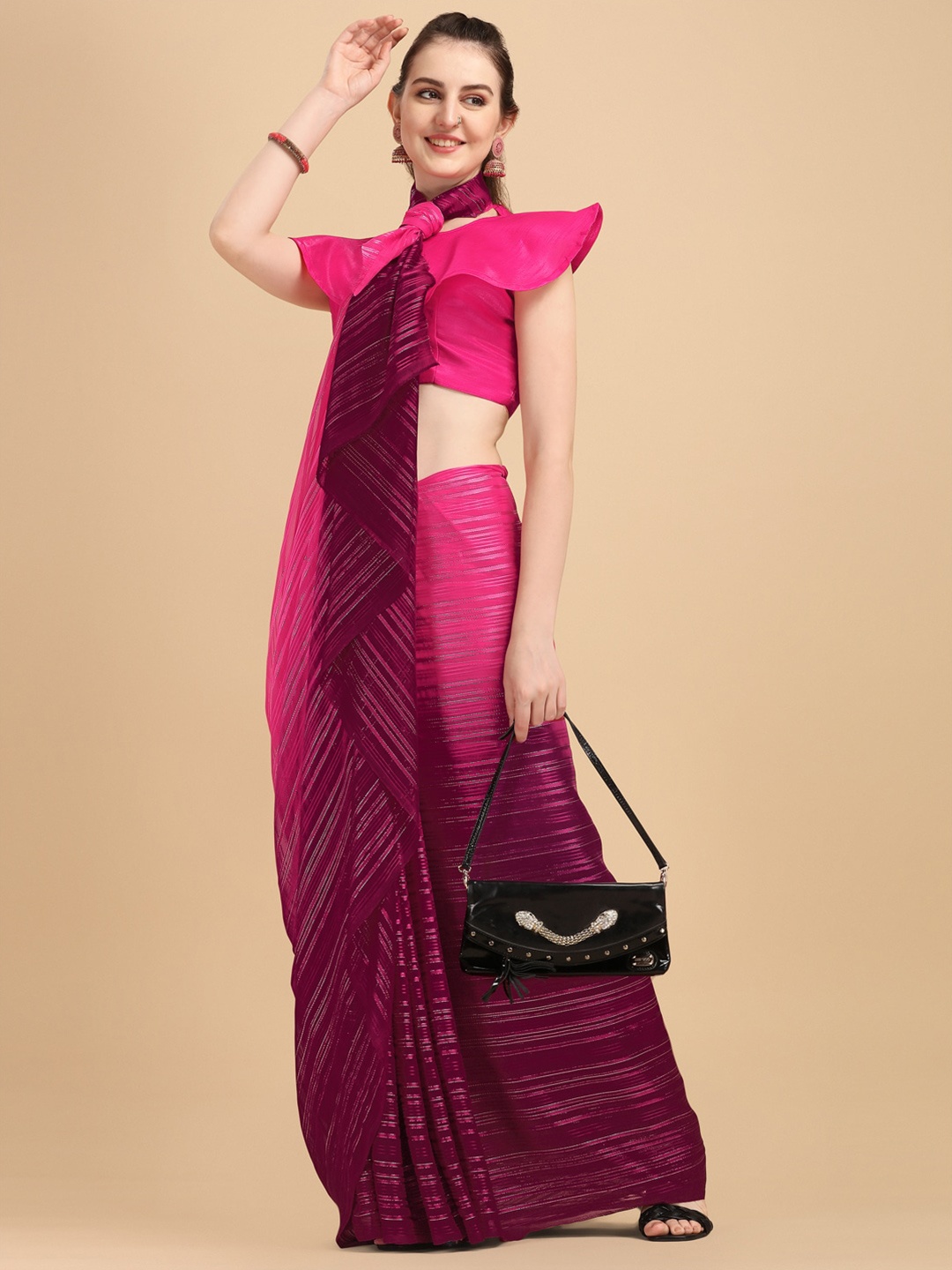 

KALINI Women Pink Striped Embellished Zari Saree