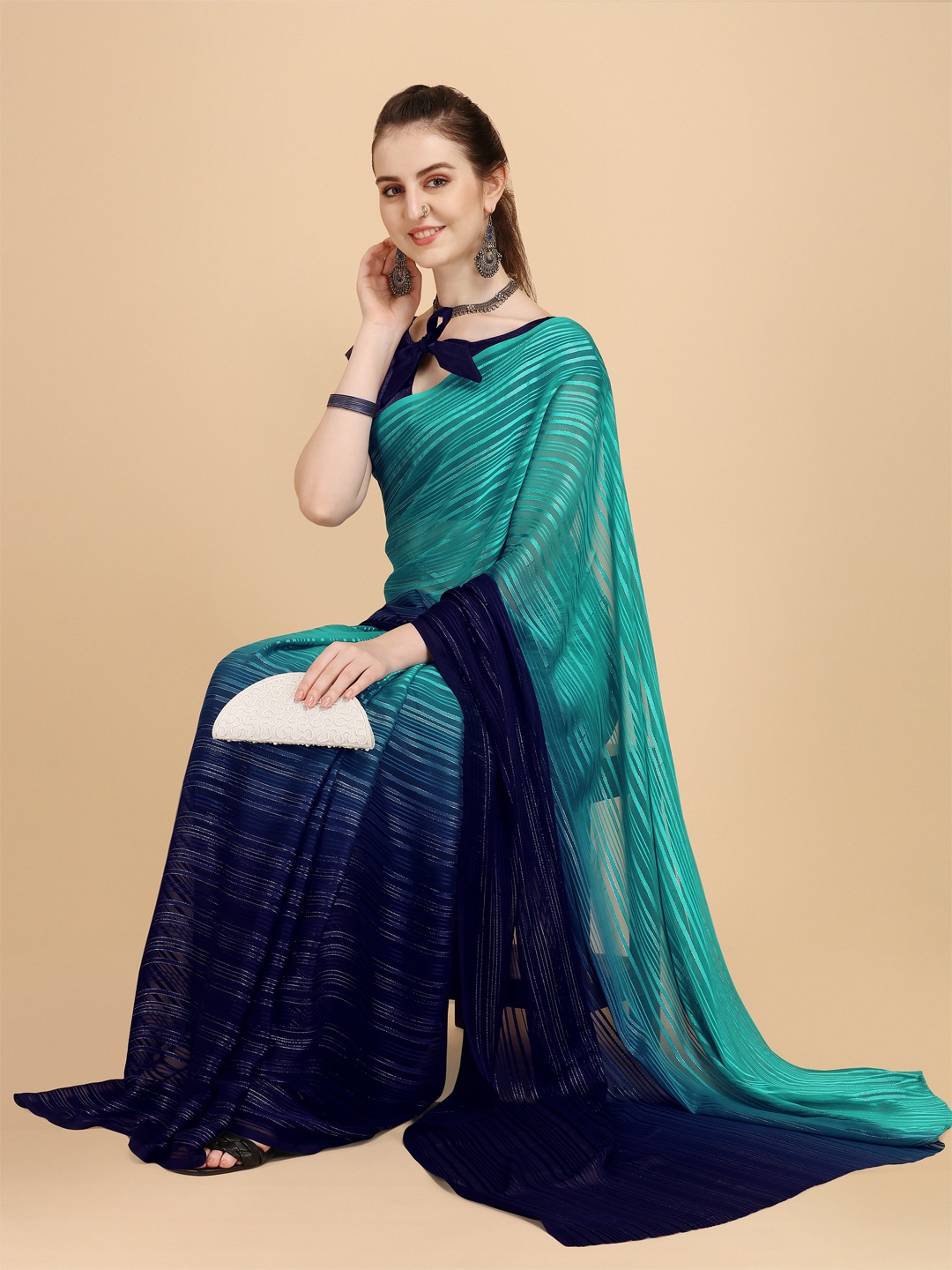 

KALINI Blue Striped Zari Saree