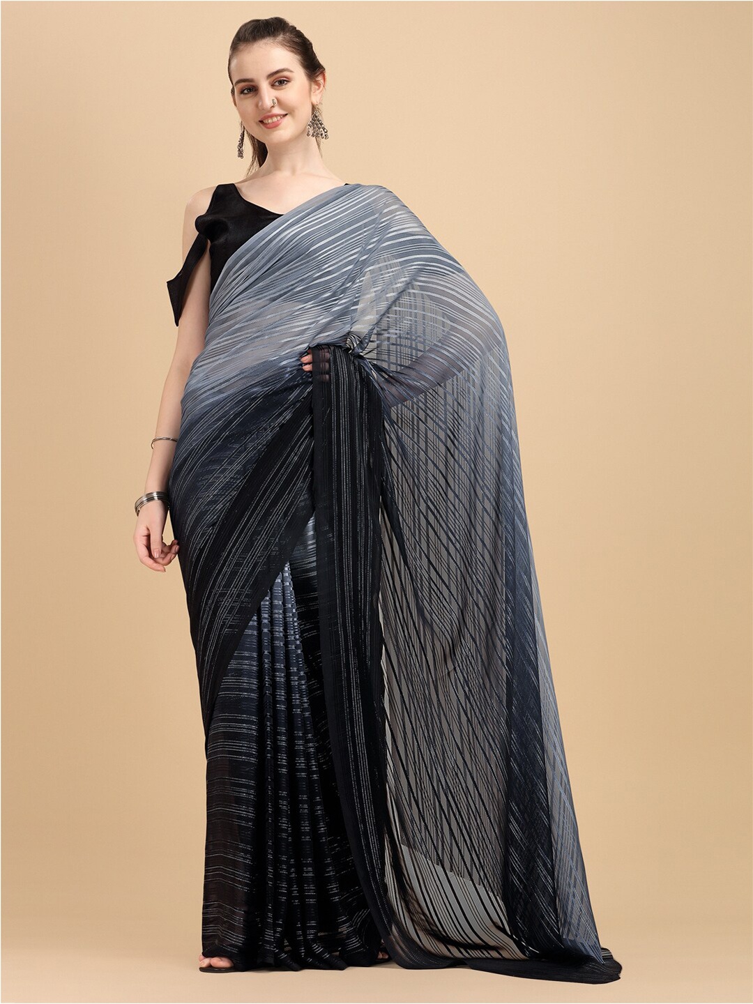 

KALINI Black Women Georgette Striped Printed Saree With Blouse Piece