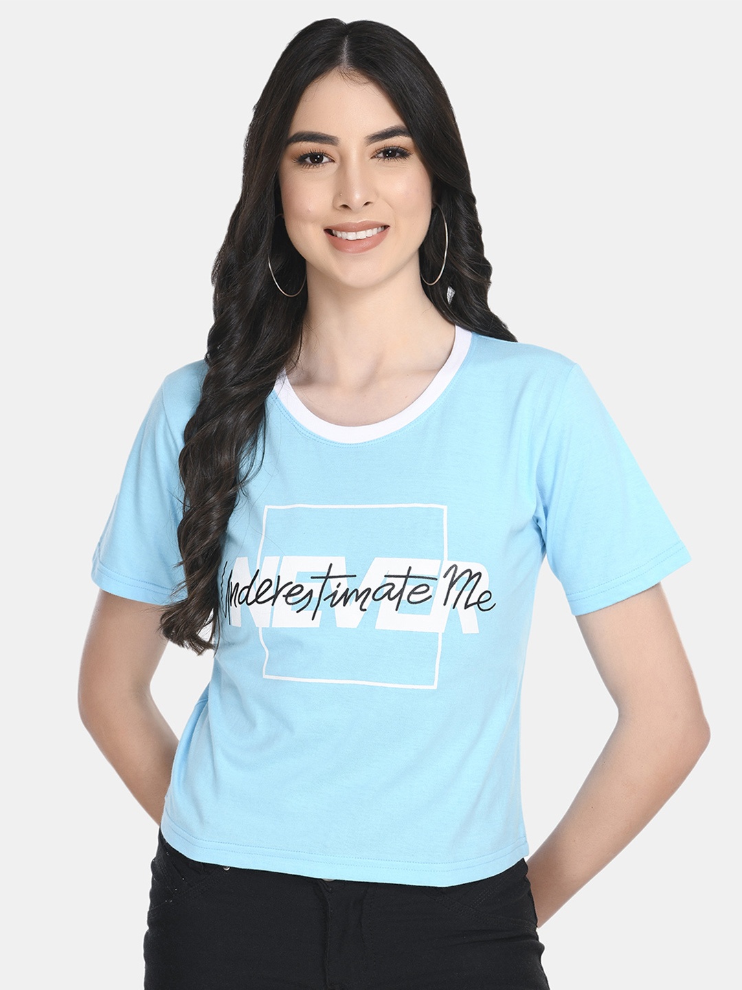 

Viral trend Women Blue & White Typography Printed Pure Cotton T-shirt