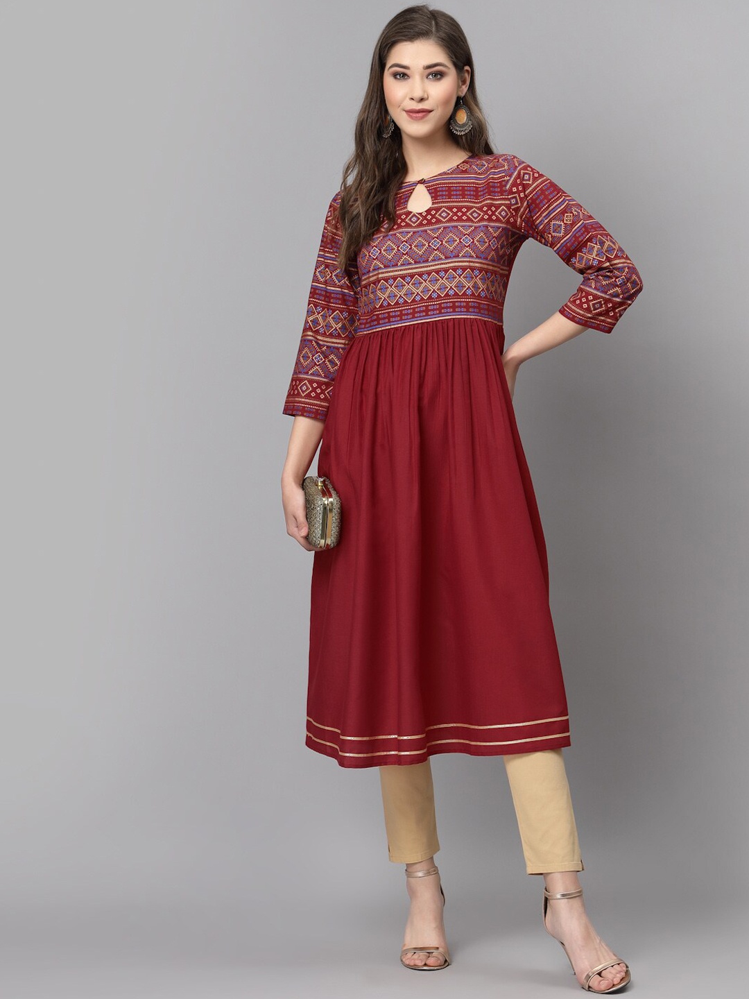 

KALINI Women Brown Ethnic Motifs Yoke Design Keyhole Neck Kurta