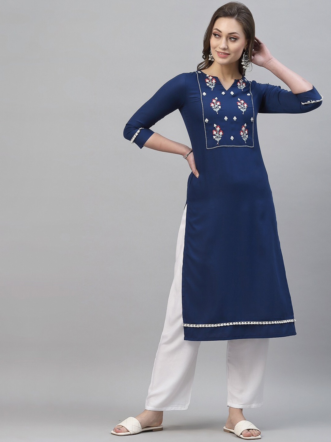 

KALINI Women Navy Blue Floral Yoke Design Kurta