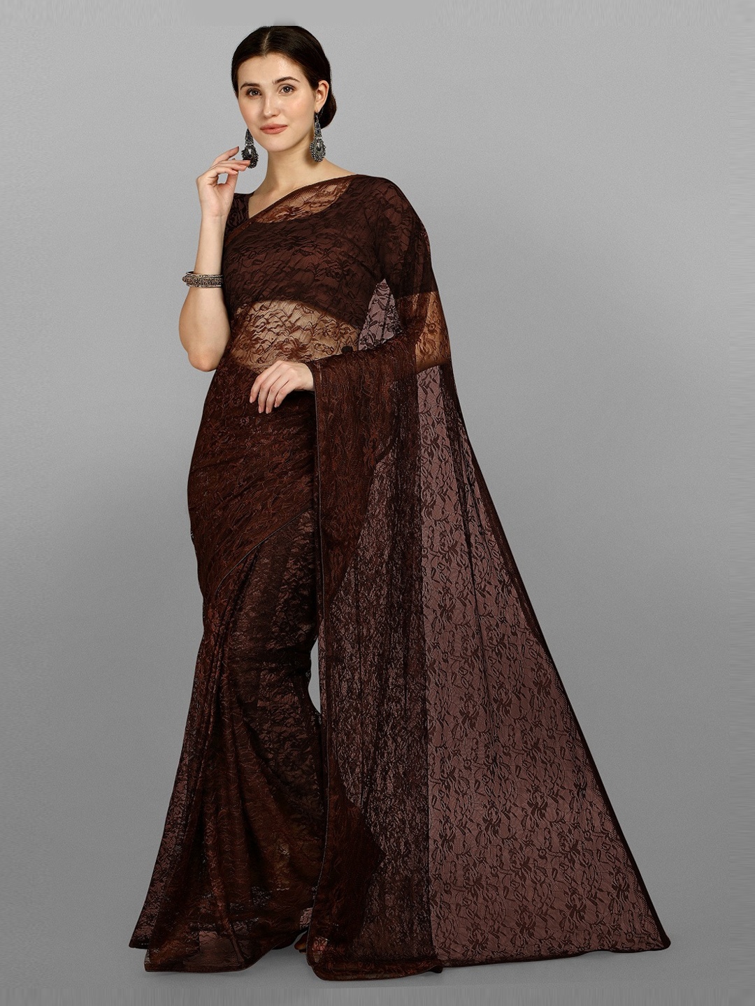 

Fashion Basket Brown Floral Embroidered Net Saree