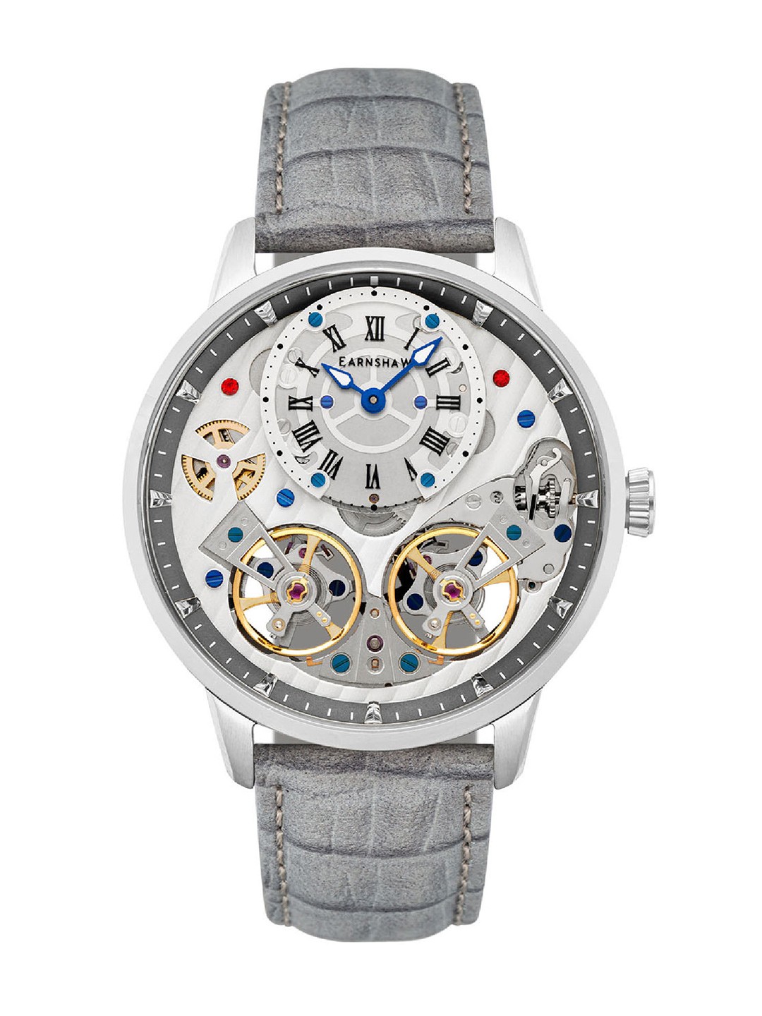 

EARNSHAW Men Grey Brass Embellished Dial & Grey Leather Bracelet Style Straps Analogue Automatic Motion Watch