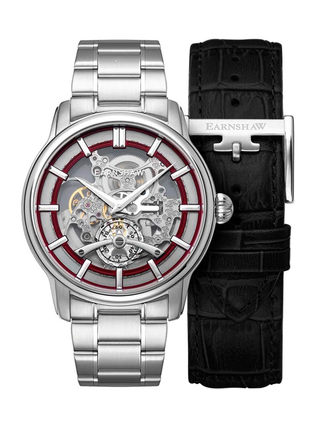 

EARNSHAW Men Red Brass Embellished Dial & Silver Toned Stainless Steel Bracelet Style Straps Analogue Watch