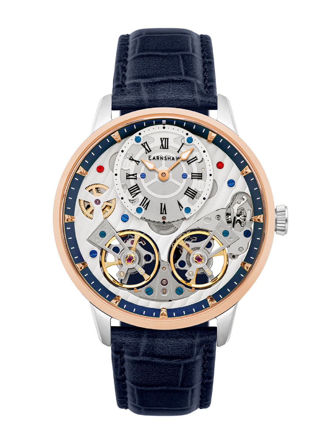 

EARNSHAW Men Blue Brass Embellished Dial & Blue Leather Bracelet Style Straps Analogue Automatic Motion Watch
