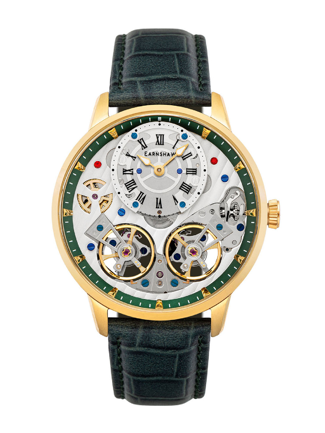 

EARNSHAW Men Green Brass Embellished Dial & Green Leather Straps Analogue Automatic Motion Powered Watch