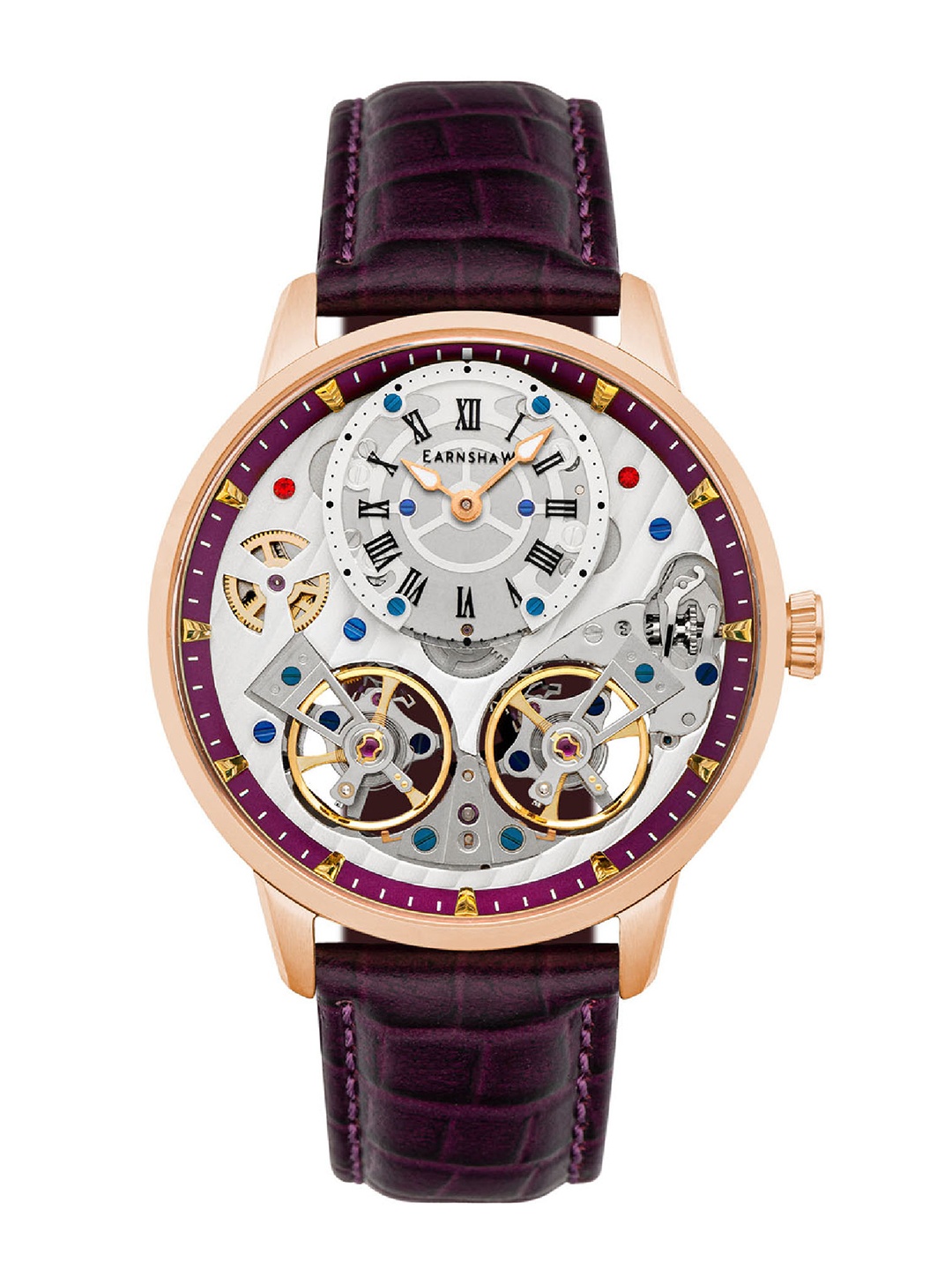 

EARNSHAW Men Purple Brass Mother of Pearl Dial & Purple Leather Bracelet Style Straps Analogue Automatic Watch