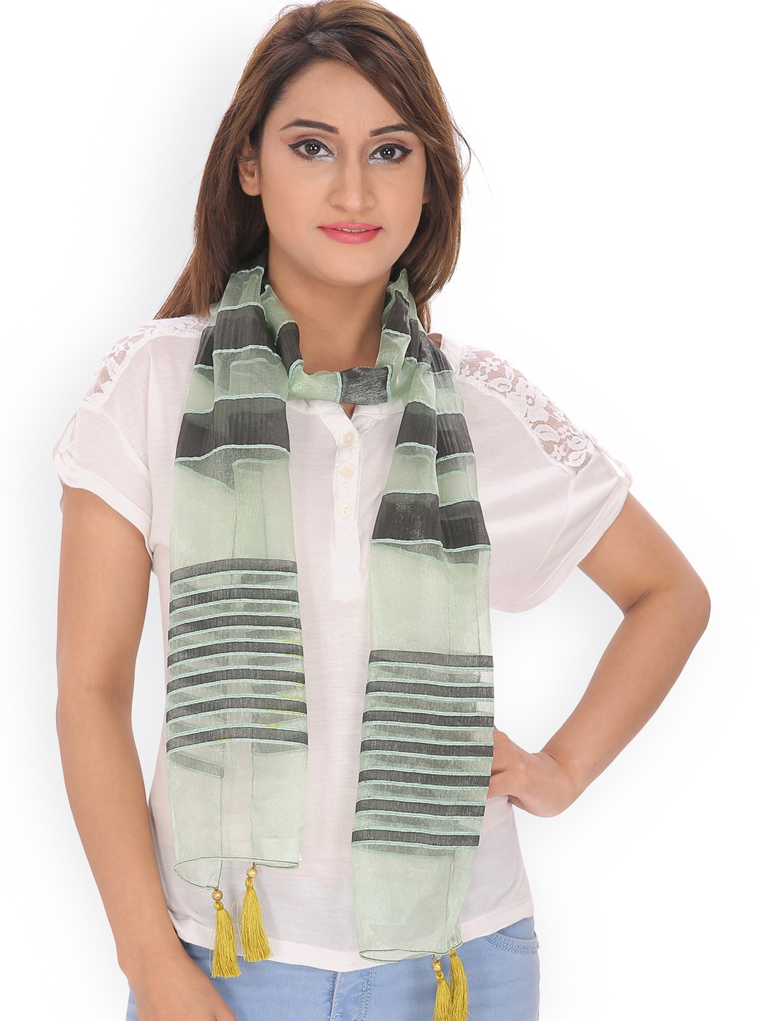 

Anekaant Green Self-Striped Scarf