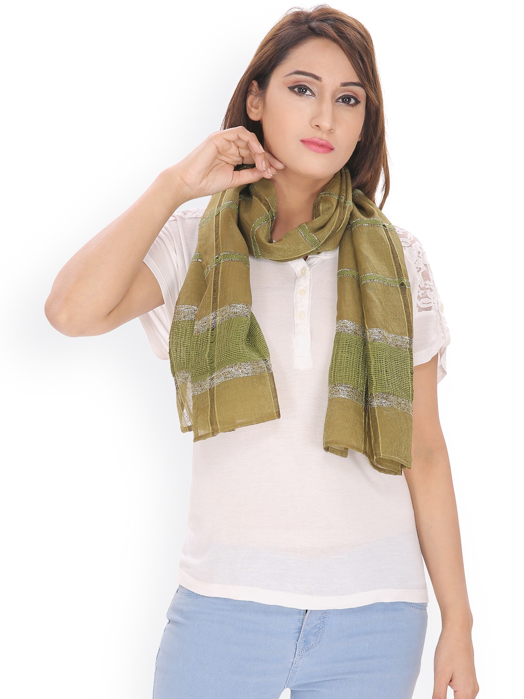 

Anekaant Olive Green Self-Striped Scarf