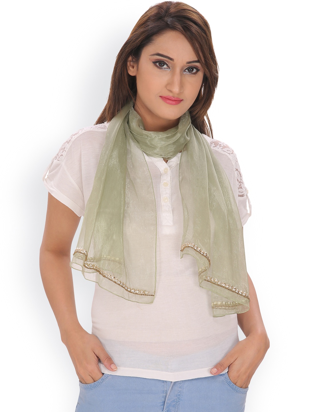 

Anekaant Green Scarf with Embellished Detail