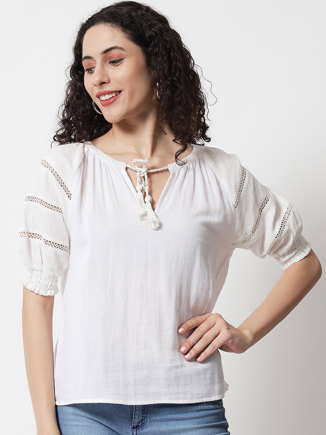 

CHARMGAL Women White Solid Tie-Up Neck Top