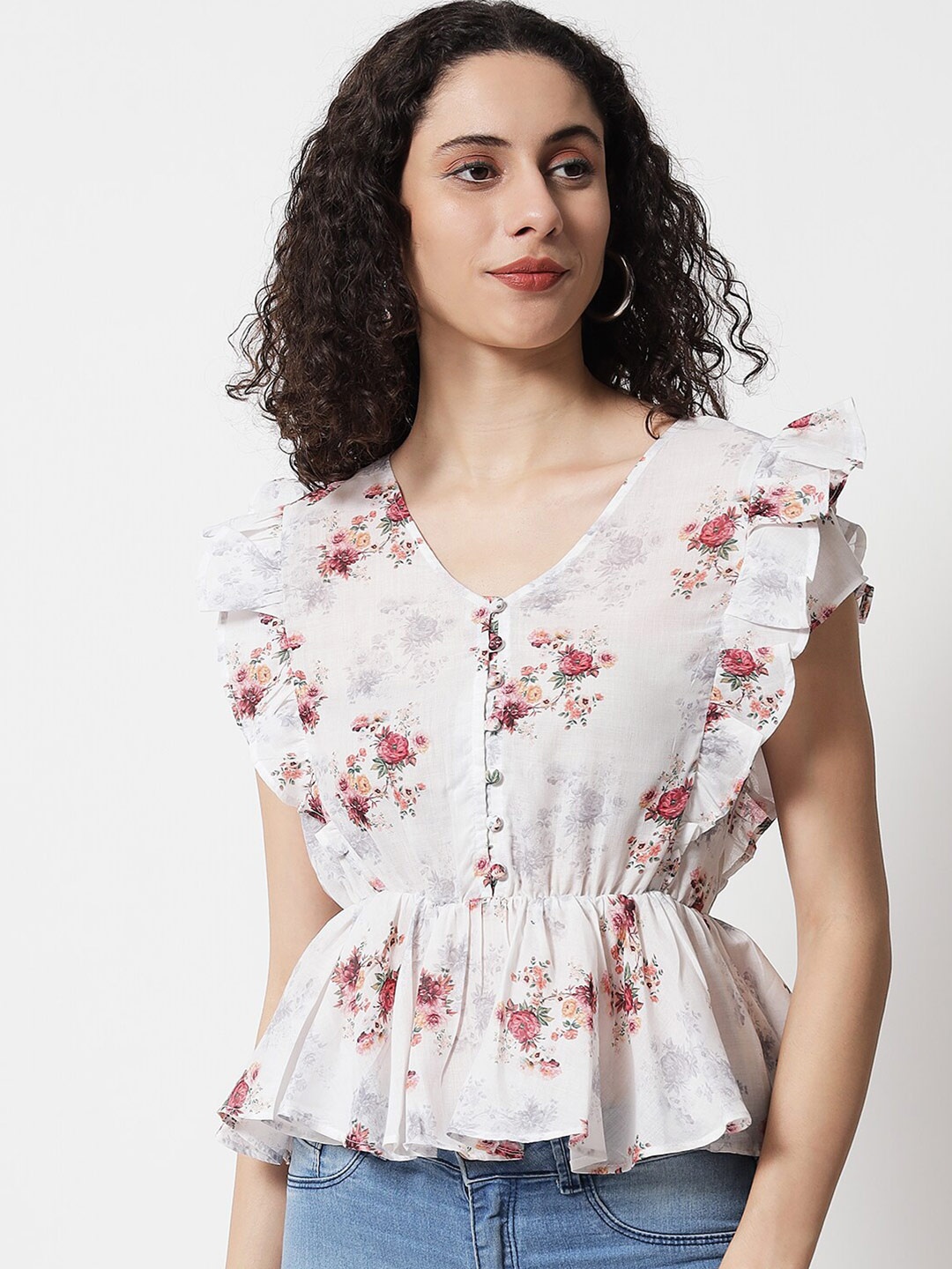 

CHARMGAL Women White & Pink Floral Print Ruffles Peplum Pure Cotton Top