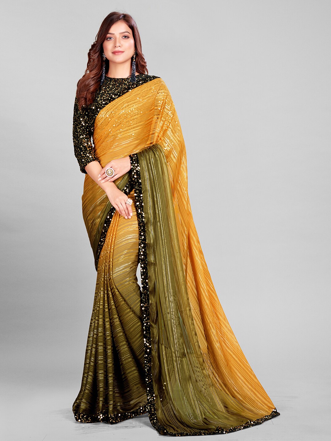 

Granthva Fab Yellow & Olive Green Embellished Sequinned Silk Blend Saree