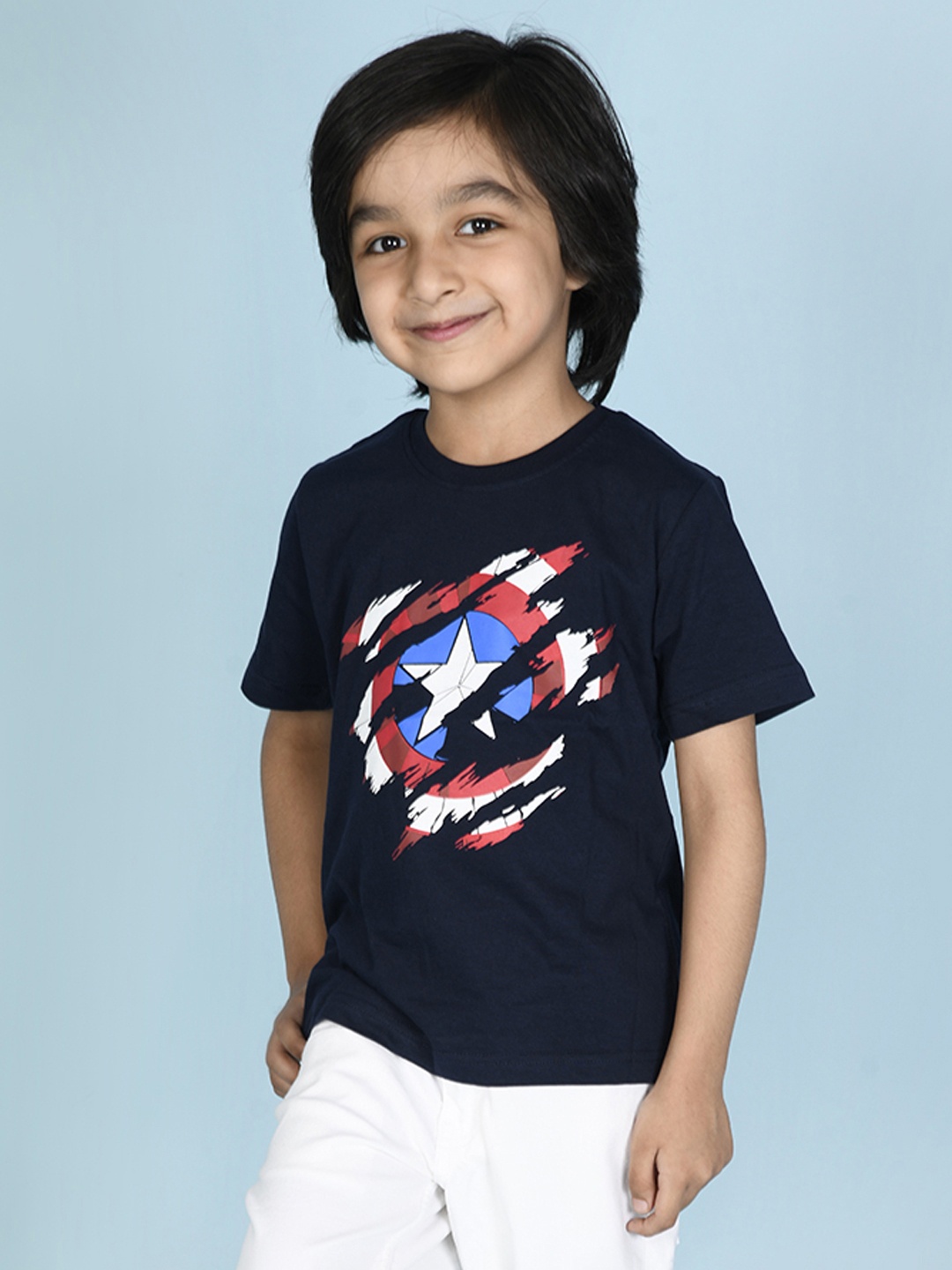 

Nap Chief Kids Navy Blue Captain America Printed Pure Cotton Slim Fit T-shirt