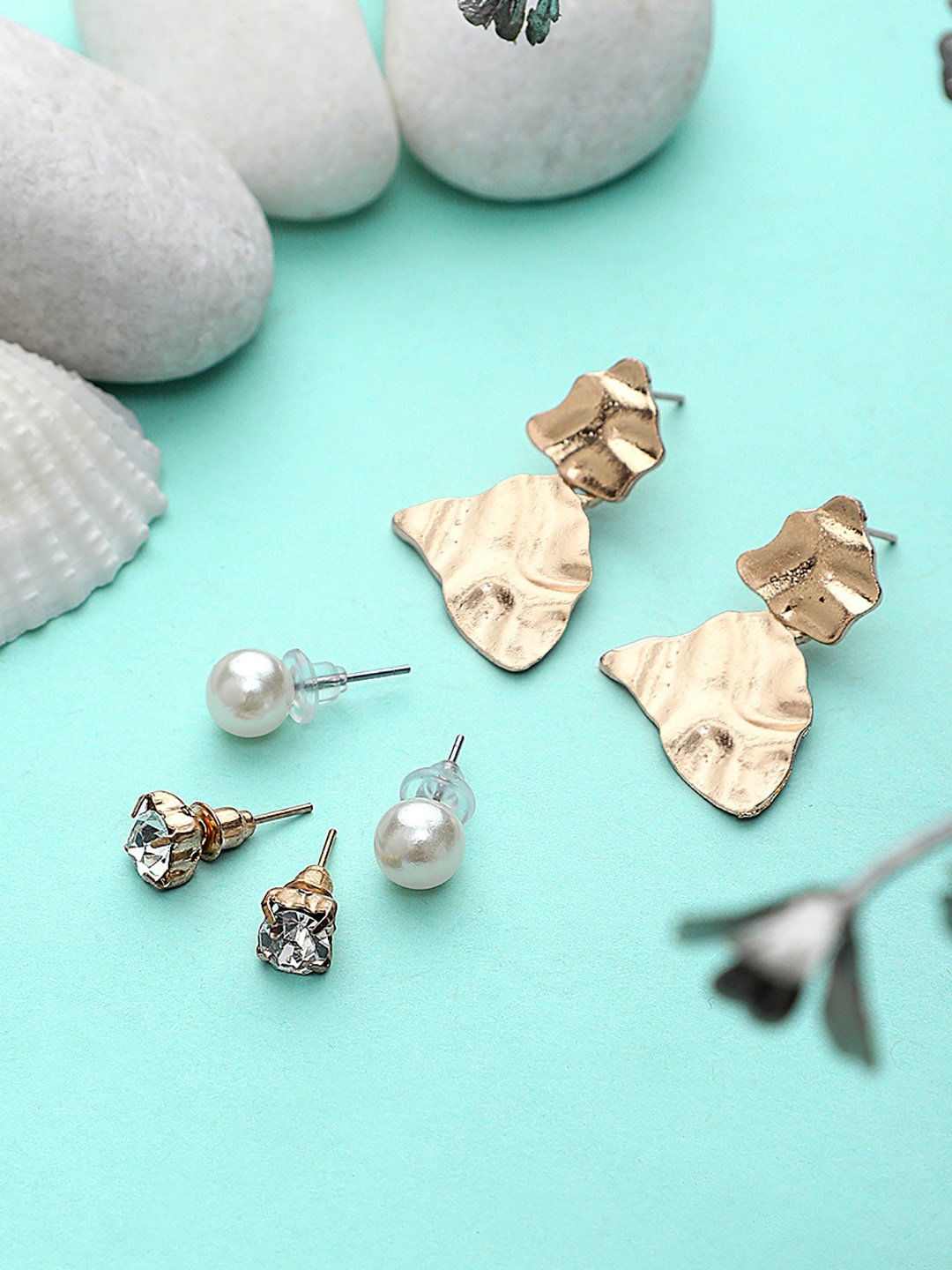 

KACY Gold-Toned Set Of 3 Quirky Studs Earrings