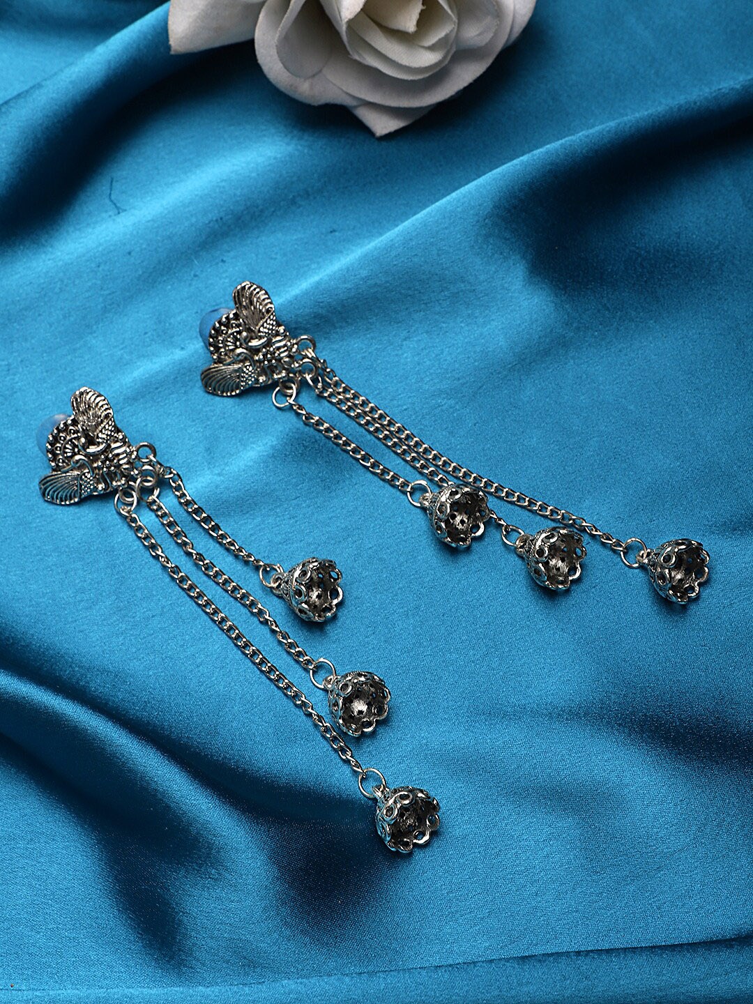 

KACY Silver-Plated Peacock Shaped Drop Tasselled Earrings