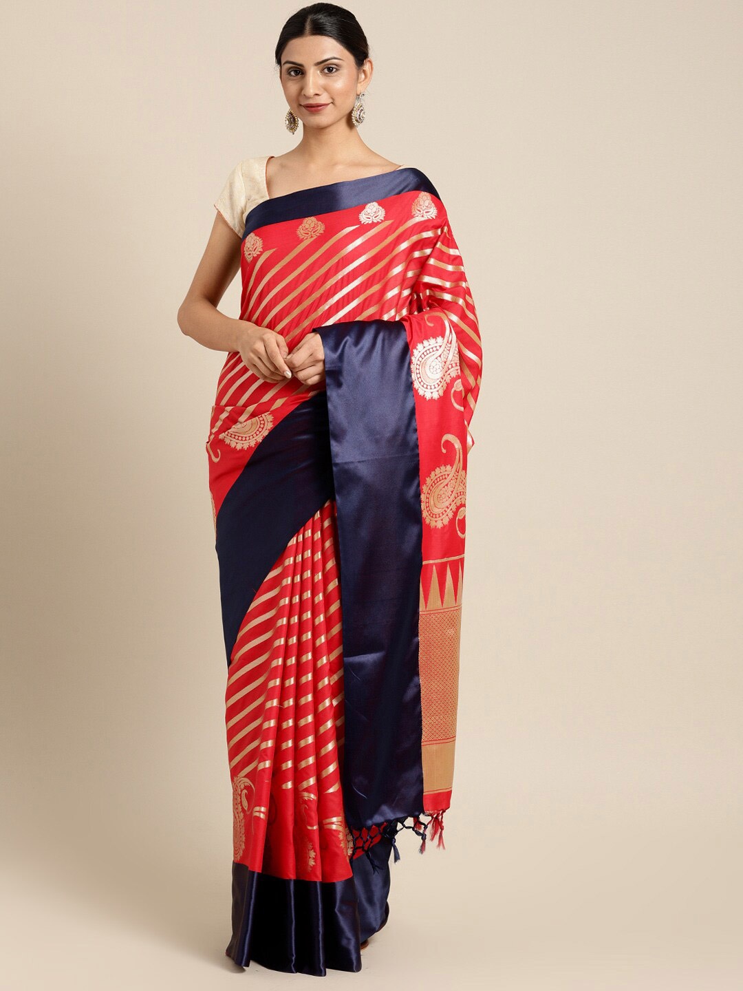 

Varkala Silk Sarees Red & Navy Blue Leheriya Zari Silk Blend Leheriya Saree