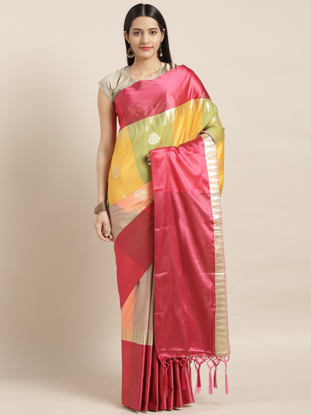 

Varkala Silk Sarees Orange & Yellow Colourblocked Zari Silk Blend Kanjeevaram Saree