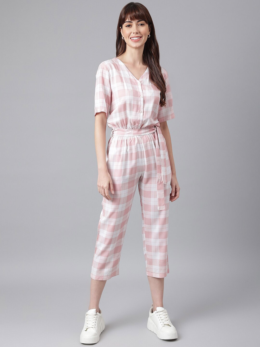 

FLAMBOYANT Women Pink & White Checked Culotte Jumpsuit