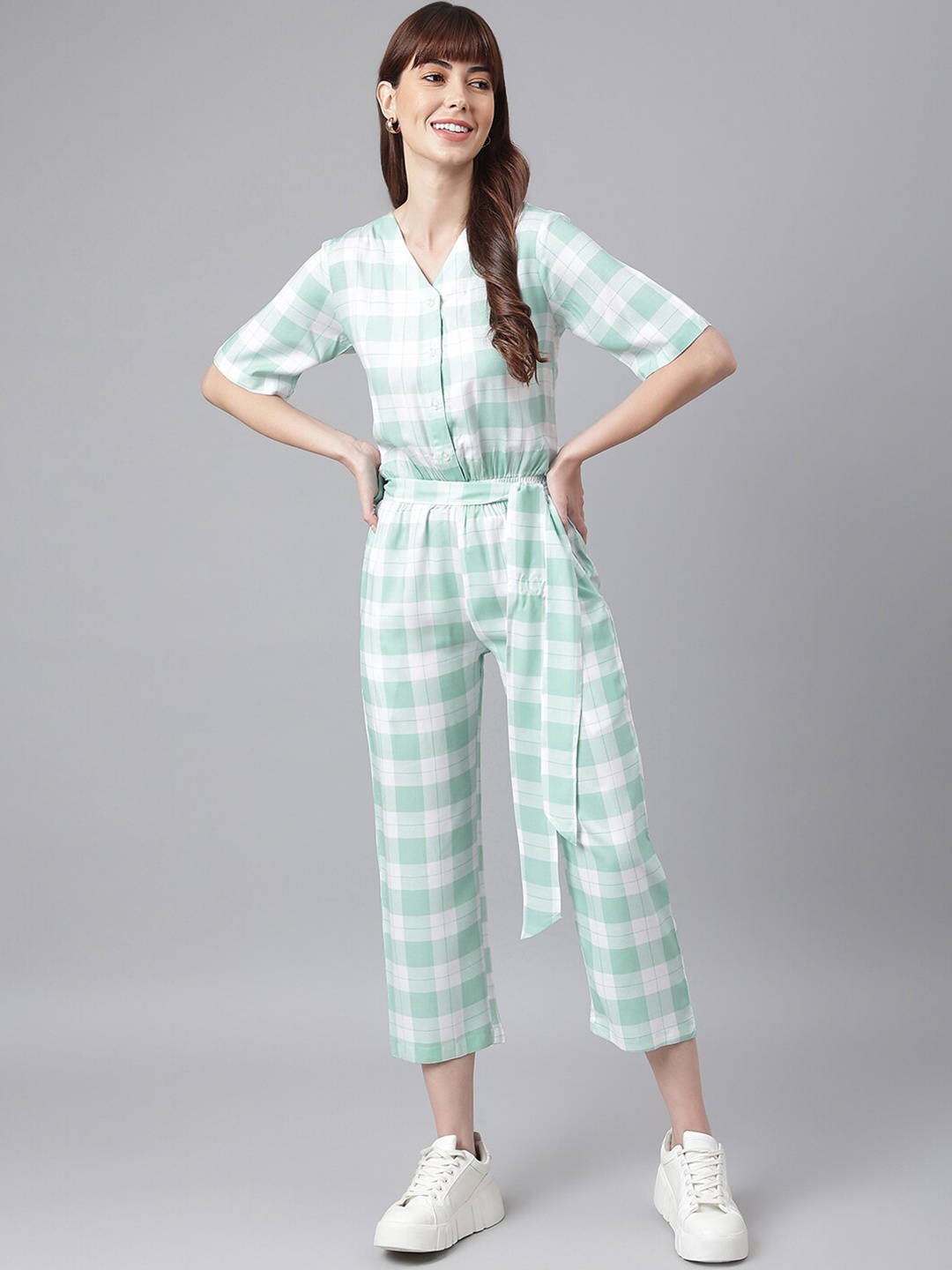 

FLAMBOYANT Sea Green & White Checked Culotte Jumpsuit