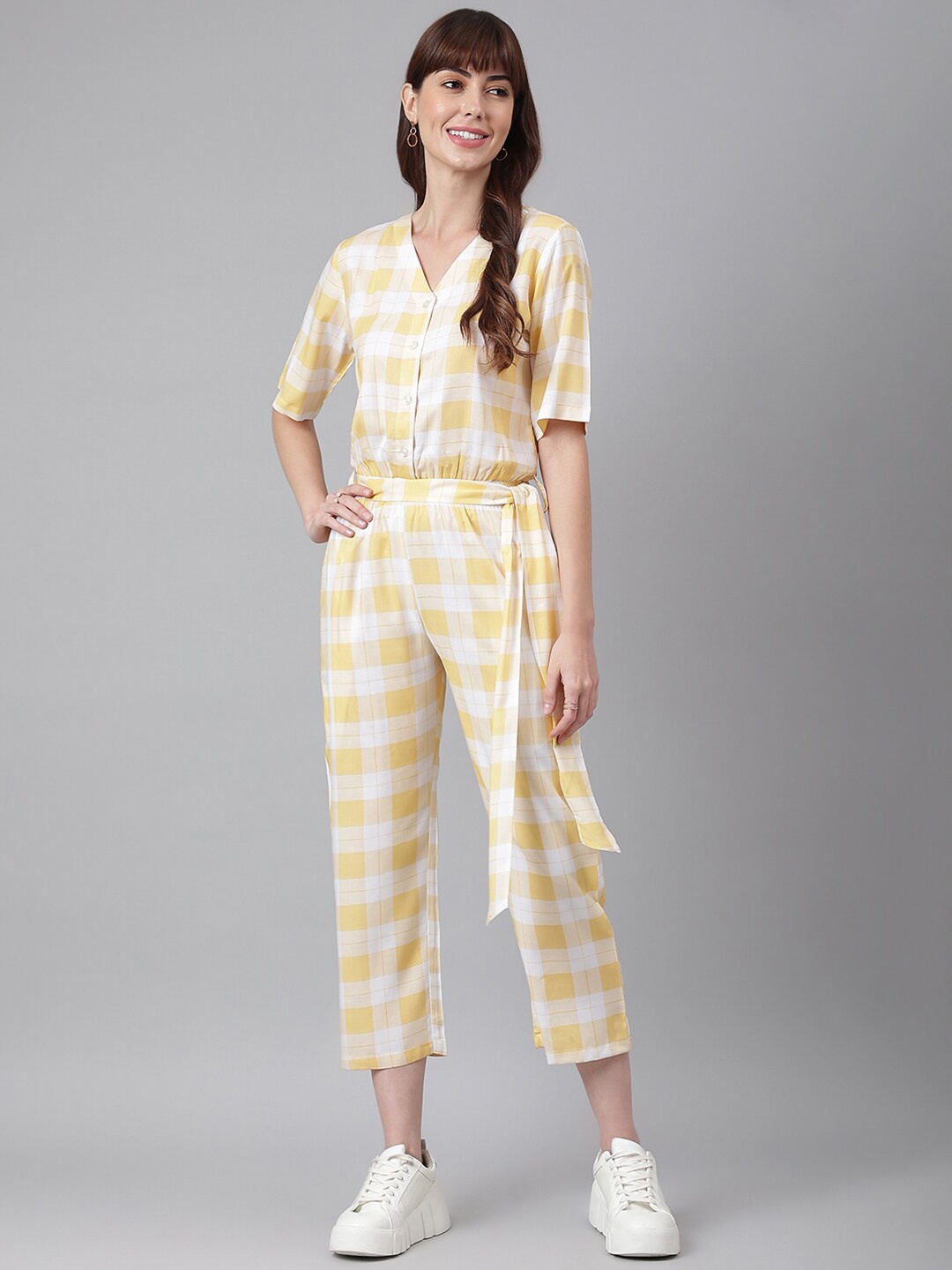 

FLAMBOYANT Yellow & White Checked Culotte Jumpsuit