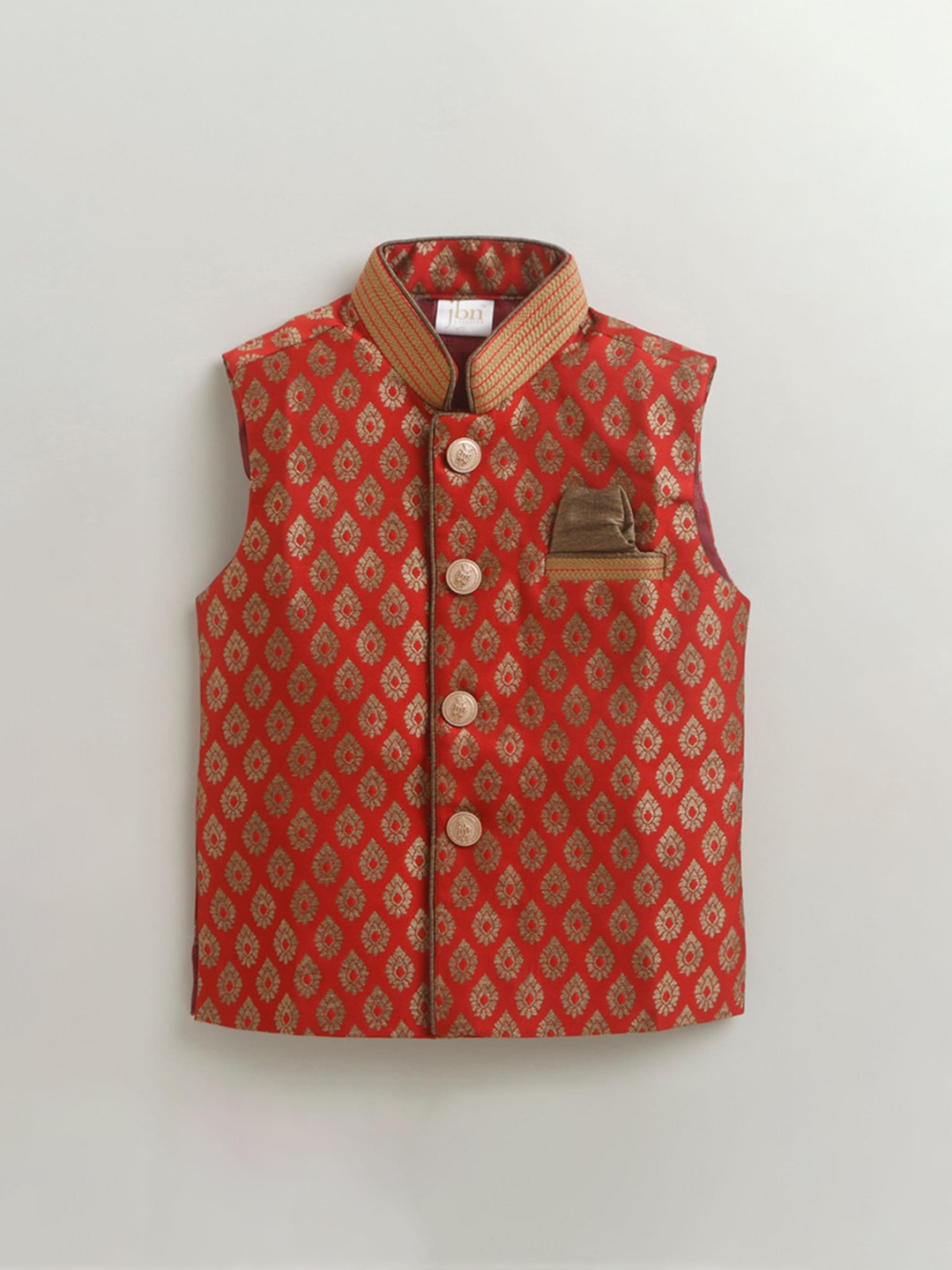 

Hopscotch Boys Maroon & Gold Ethnic Motifs Printed Pure Cotton Nehru Jacket